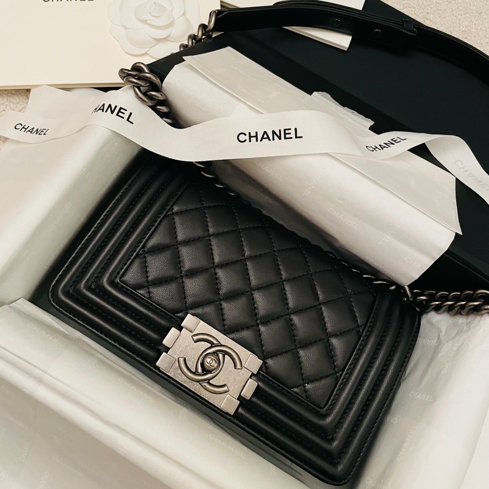 SOLD . Chanel Black Quilted Bag Lambskin  with Ruthenium finish Hardware